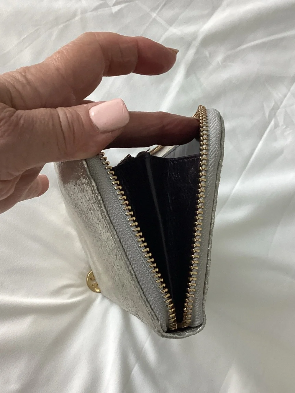 Tory Burch Silver Zip-Around Wallet with Gold Logo